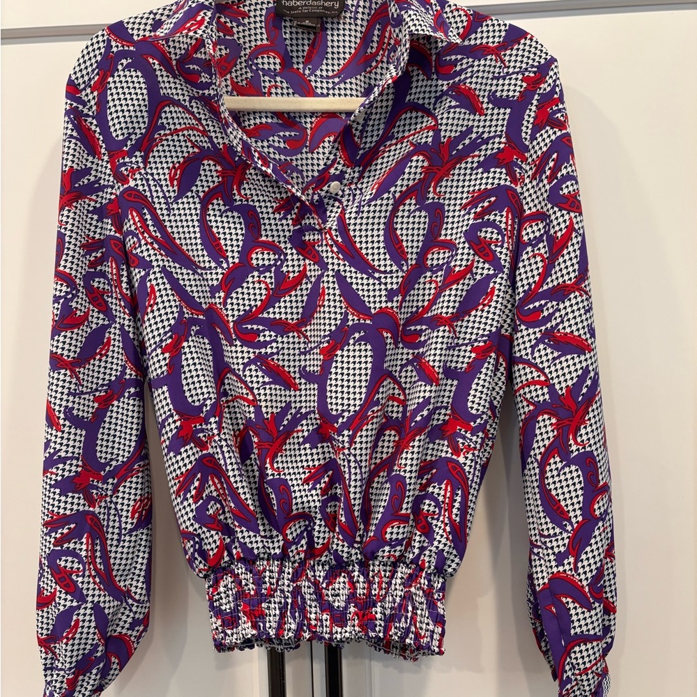 Vintage haberdashery hounds tooth purple red Blouse with Collar